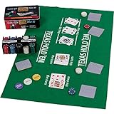 Maxstore Pokerset in Metallbox, 200 Poker Chips, 2 Decks, Dealer Button, Small Blind, Big Blind, Spielmatte Texas Holdem